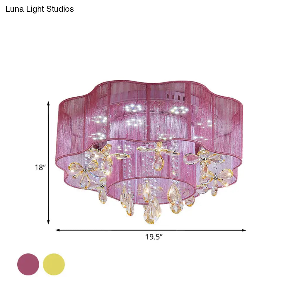 Led Flower Ceiling Light With Crystal Drops - Gold/Pink Modern 2 - Layer Fabric Mount