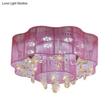 Led Flower Ceiling Light With Crystal Drops - Gold/Pink Modern 2 - Layer Fabric Mount