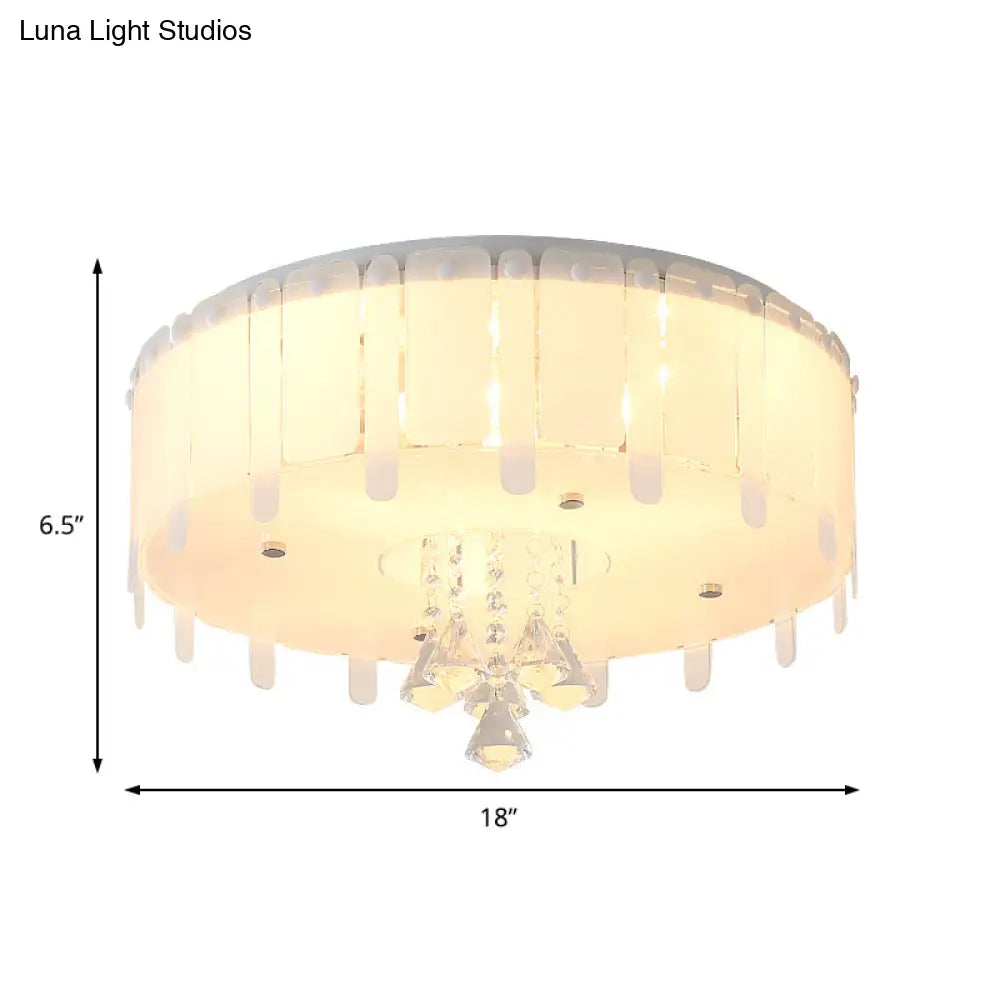 Led Flush Mount Ceiling Light With Crystal Drop And White Glass Shade - Simple Style