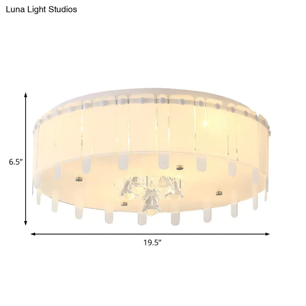 Led Flush Mount Ceiling Light With Crystal Drop And White Glass Shade - Simple Style