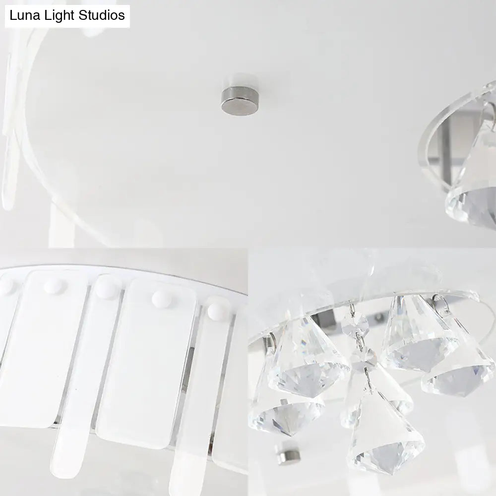 Led Flush Mount Ceiling Light With Crystal Drop And White Glass Shade - Simple Style