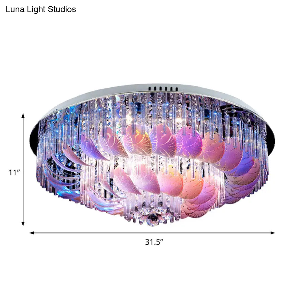 Led Flushmount Clear Crystal Circle Light Fixture - Modern 19.5’/23.5’/31.5’ W With Leaf