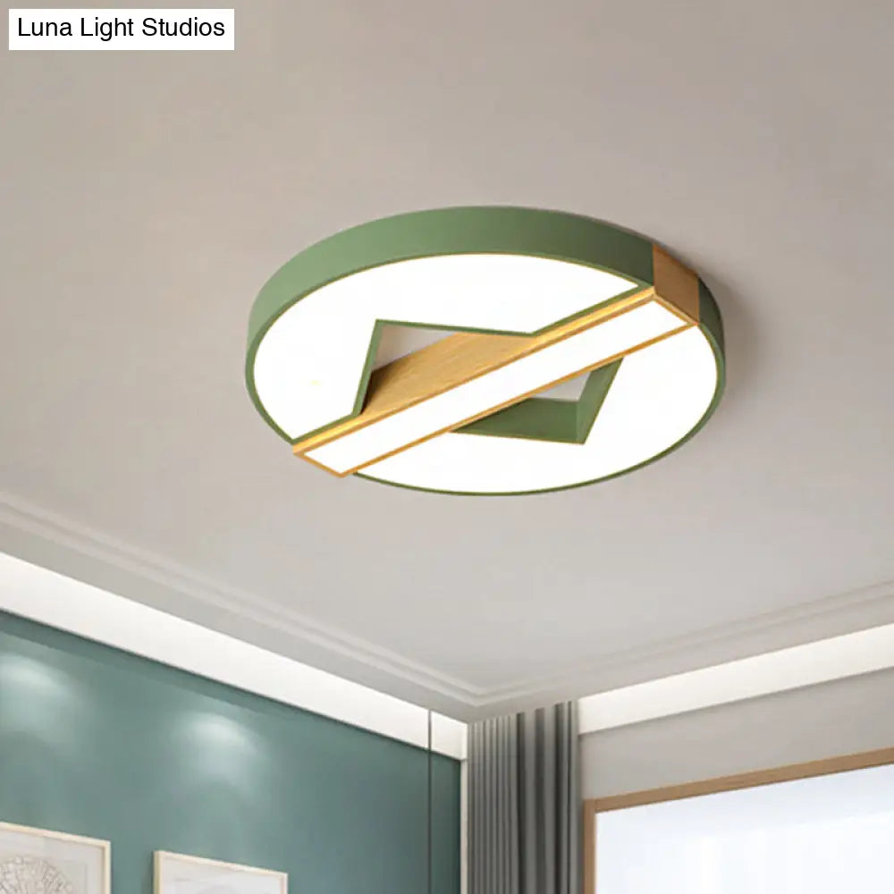 Led Macaron Green/Grey - Wood Bedroom Ceiling Light - 16.5’/20.5’ Flushmount With Round Acrylic