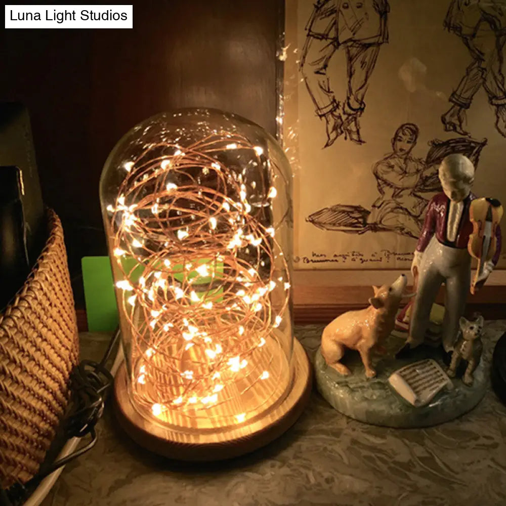 Led Night Table Lamp: Modern Beige Bell Plug-In Light With Clear Glass Shade And Wooden Base