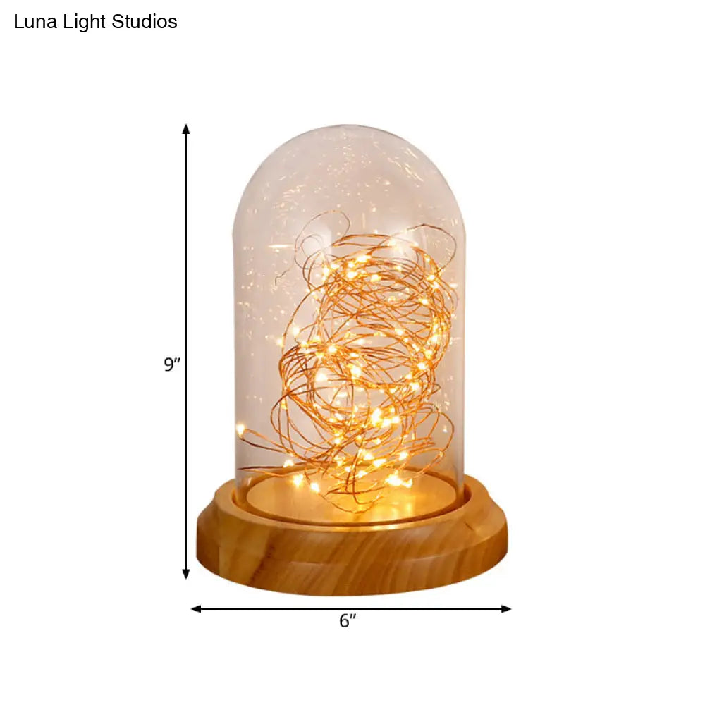 Led Night Table Lamp: Modern Beige Bell Plug-In Light With Clear Glass Shade And Wooden Base