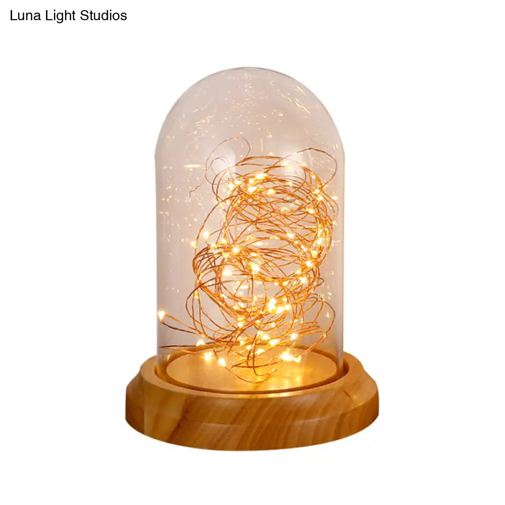 Led Night Table Lamp: Modern Beige Bell Plug-In Light With Clear Glass Shade And Wooden Base
