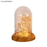 Led Night Table Lamp: Modern Beige Bell Plug-In Light With Clear Glass Shade And Wooden Base