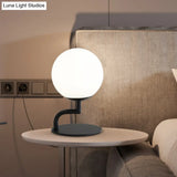 Led Night Table Lamp: Modernist Black Sphere Plug-In Light With Opal Glass Shade