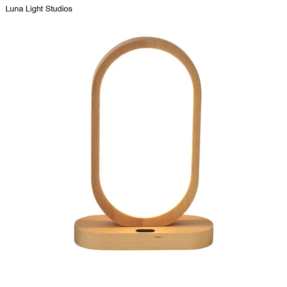 Led Nightstand Lamp - Beige Oblong Shape Contemporary Design With Wood Shade Perfect For Reading