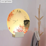 Led Oriental Style Wall Lamp With White Acrylic Shade - Mountain And Flower Design