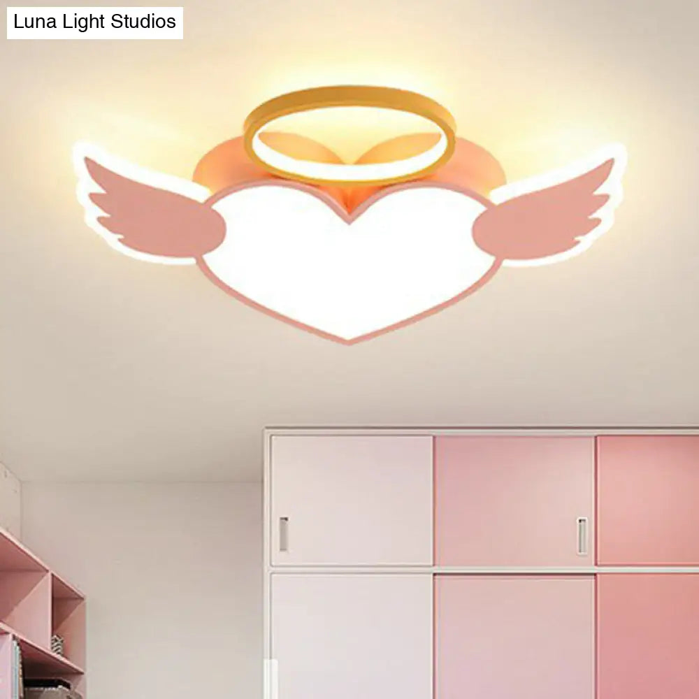 Led Pink Love Wings Ceiling Lamp With Acrylic Shade - Cartoon Flush Mount Lighting