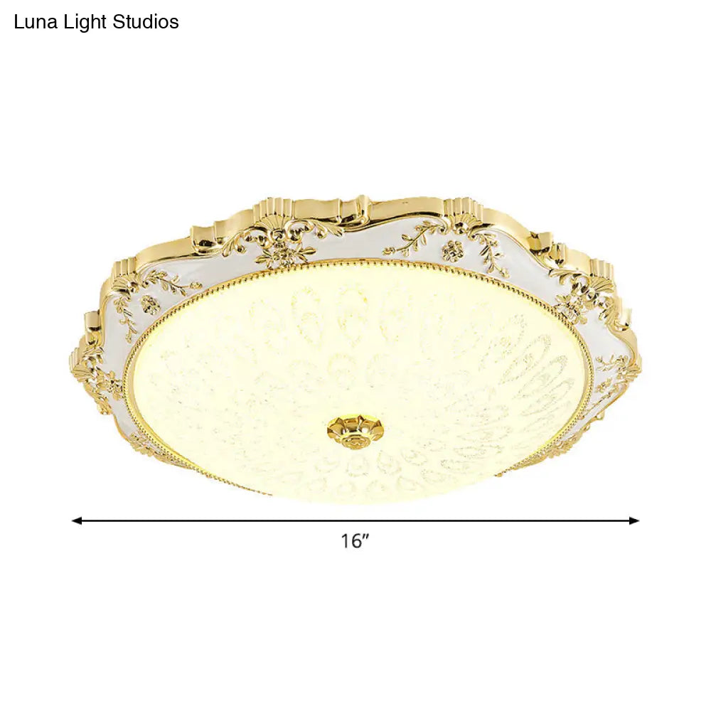 Led Round Ceiling Flush - Traditional White And Gold Mount Lighting With Milky Glass Print