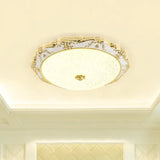 Led Round Ceiling Flush - Traditional White And Gold Mount Lighting With Milky Glass Print White -