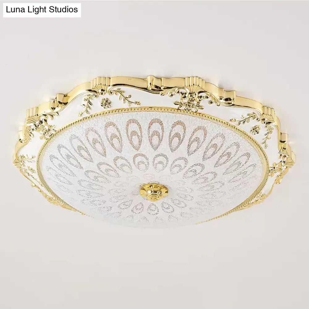 Led Round Ceiling Flush - Traditional White And Gold Mount Lighting With Milky Glass Print