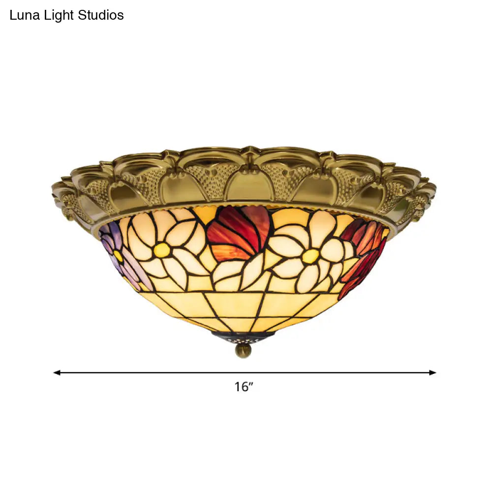 Led Stained Glass Flower Flush Mount Ceiling Light In Brass - Multiple Sizes Available