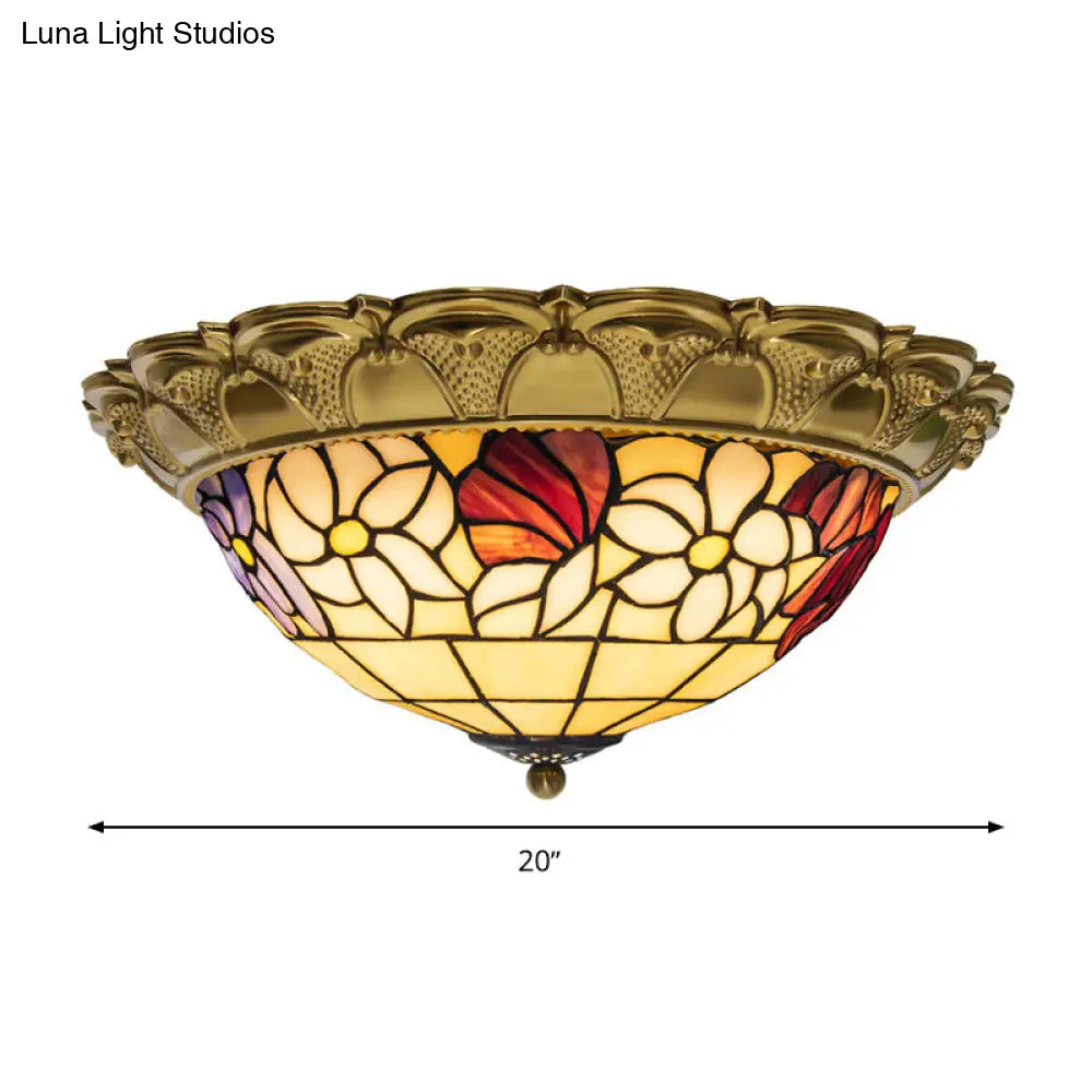 Led Stained Glass Flower Flush Mount Ceiling Light In Brass - Multiple Sizes Available