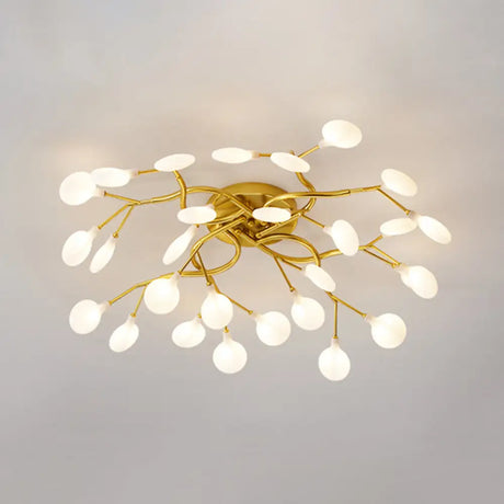 Led Tree Branch Semi Flush Chandelier Light For Living Room With Firefly Shade - Modern Metallic