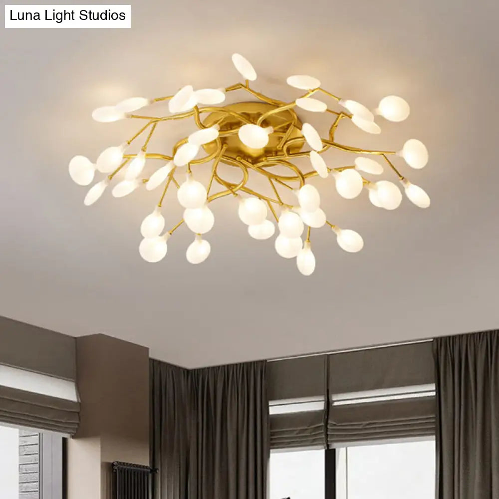 Led Tree Branch Semi Flush Chandelier Light For Living Room With Firefly Shade - Modern Metallic