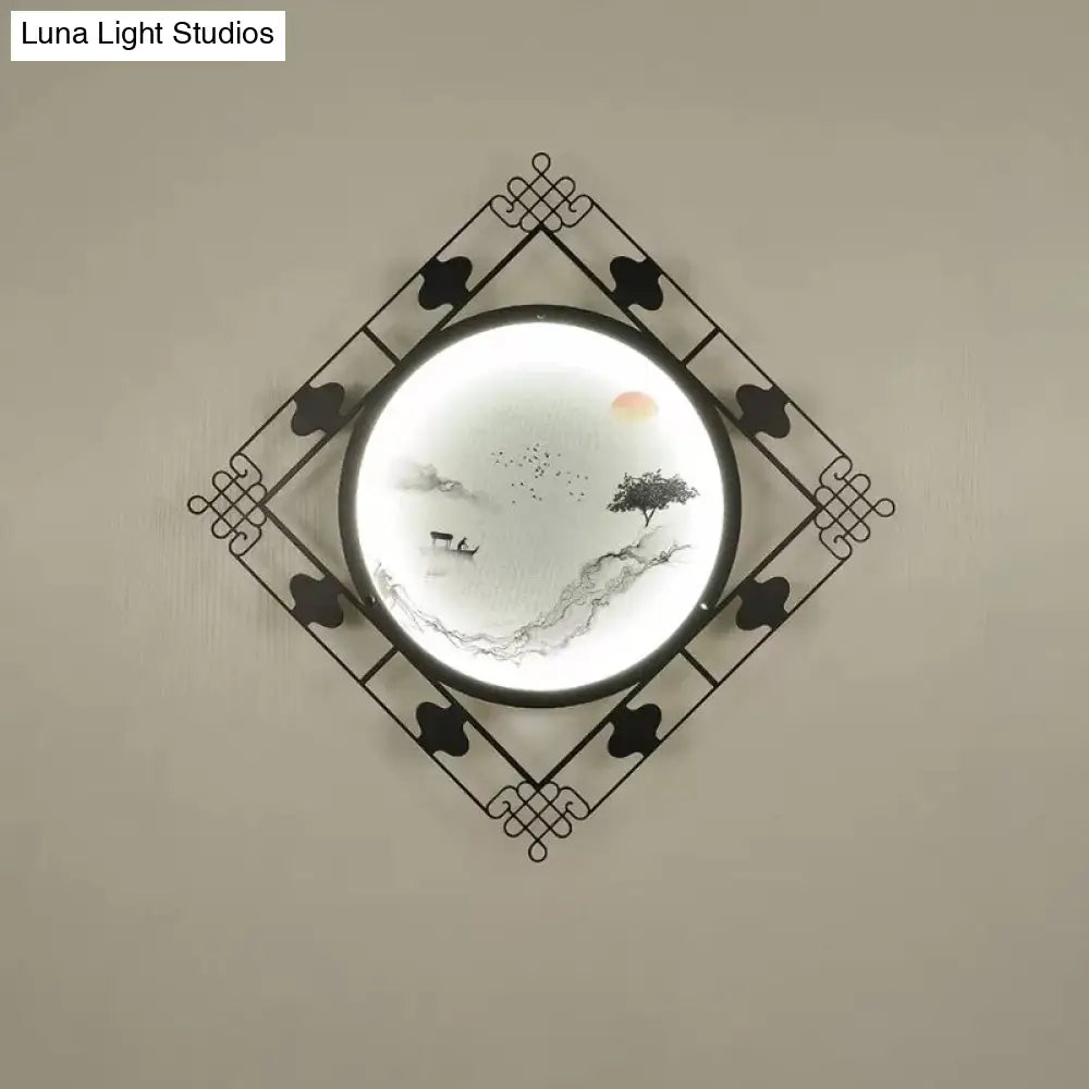 Led Wall Lights For Living Room With Black Chinese Mount And Rhombus Frame