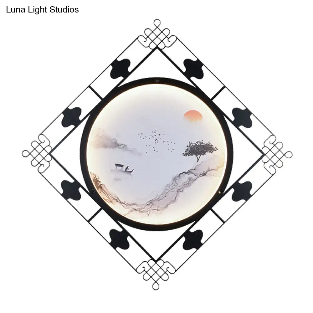 Led Wall Lights For Living Room With Black Chinese Mount And Rhombus Frame