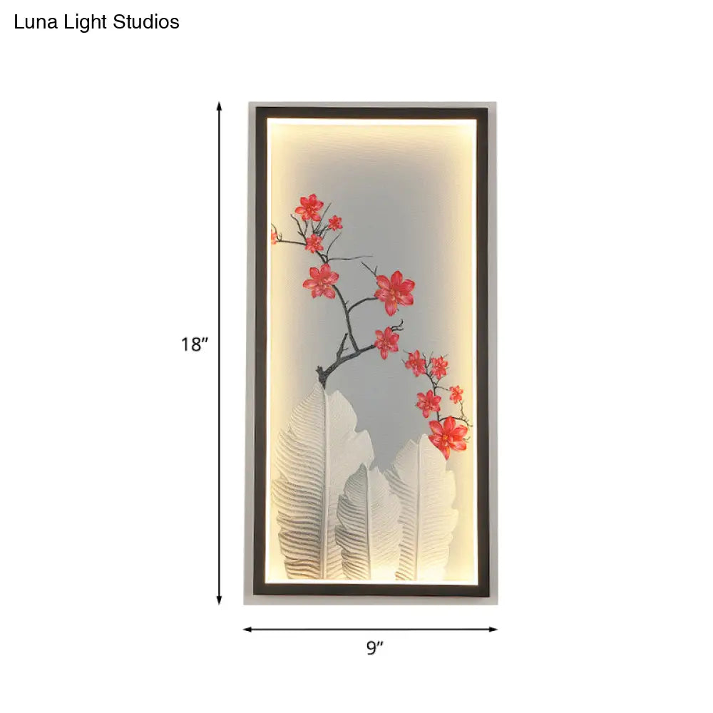 Led Wall Mount Lamp With Banana Leaf And Flower Mural - Asian Aluminum Design In Black