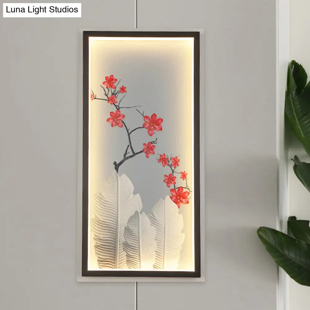 Led Wall Mount Lamp With Banana Leaf And Flower Mural - Asian Aluminum Design In Black