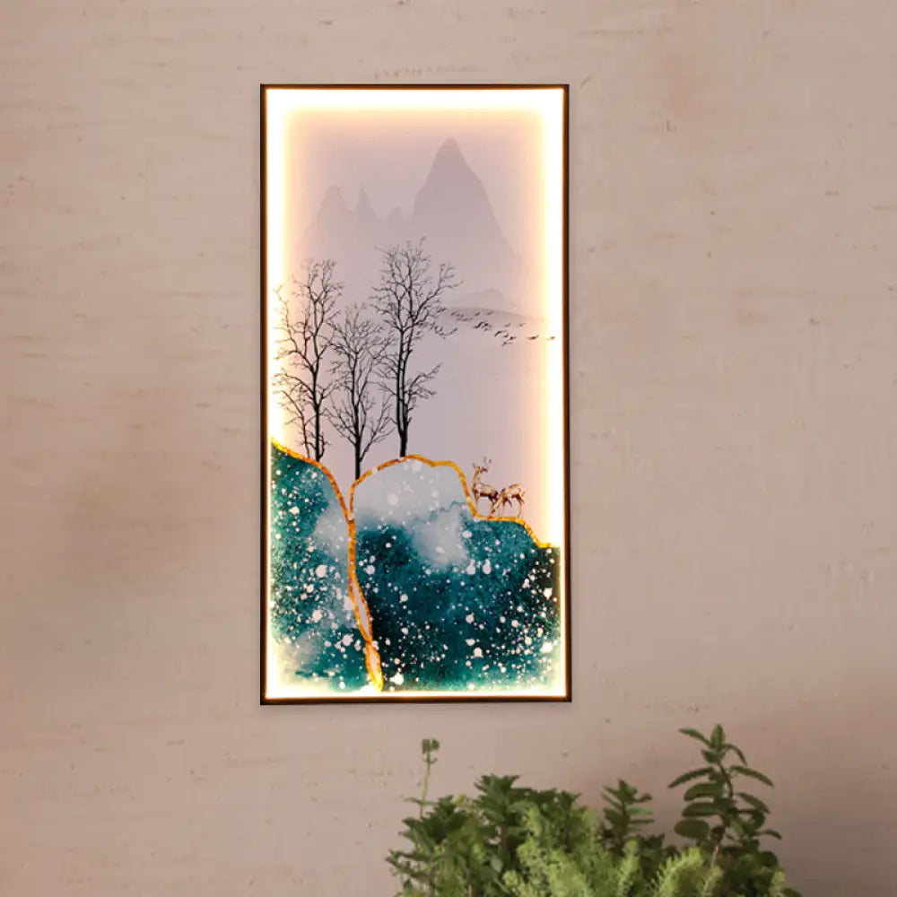 Light Asia Fabric Tearoom Rectangular Wall Mural Led Sconce With Fish/Elk Pattern Blue / Elk