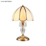 Light Beige Glass Table Lamp With Gold Dome Design And Crystal Accent - Bedroom Night Lighting
