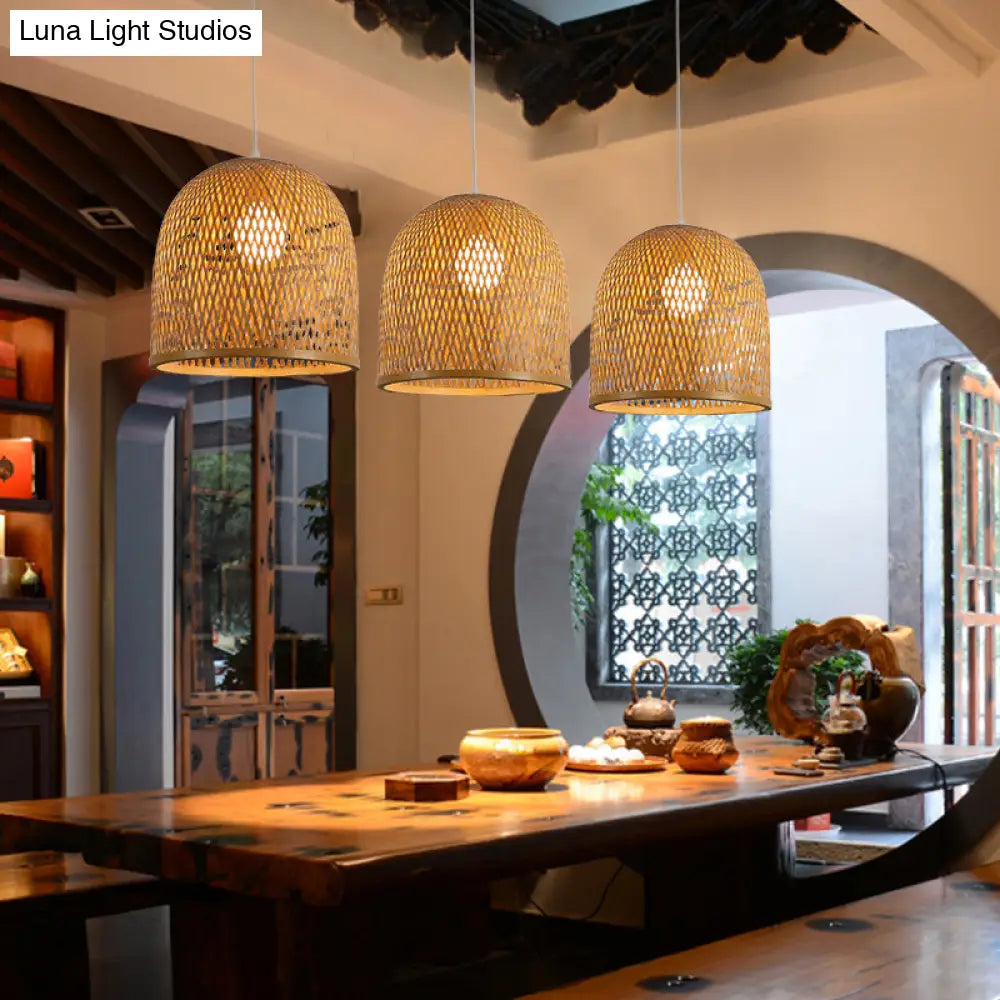 Light Brown Dome Pendant Fixture - 1 Bulb Nordic Bamboo Ceiling For Restaurants
