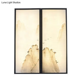 Light Fabric Asian Wall Mural With Led Sconce Lighting - Hills Drawing Bedroom Décor
