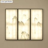 Light Fabric Asian Wall Mural With Led Sconce Lighting - Hills Drawing Bedroom Décor