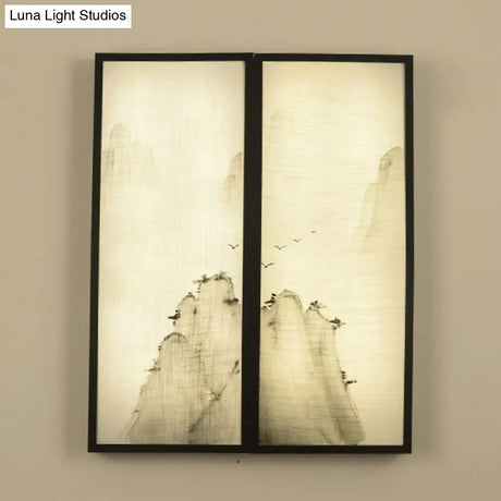 Light Fabric Asian Wall Mural With Led Sconce Lighting - Hills Drawing Bedroom Décor