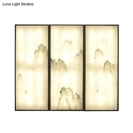 Light Fabric Asian Wall Mural With Led Sconce Lighting - Hills Drawing Bedroom Décor