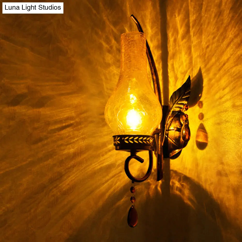 Light Yellow Cracked Glass Vase Wall Mount With Orange Crystal Deco - 1 Bathroom Sconce