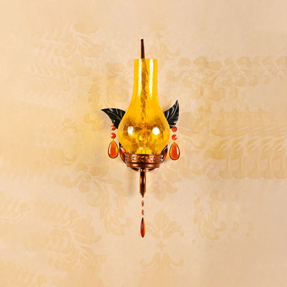 Light Yellow Cracked Glass Vase Wall Mount With Orange Crystal Deco - 1 Bathroom Sconce
