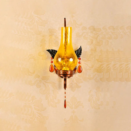 Light Yellow Cracked Glass Vase Wall Mount With Orange Crystal Deco - 1 Bathroom Sconce