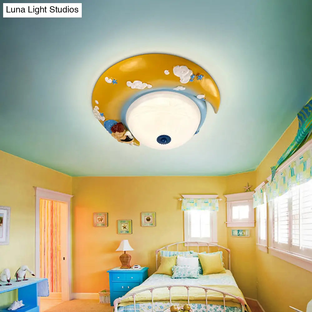 Little Angel Resin Crescent Flush Mount Light - Modern Ceiling Lamp For Kid Bedroom