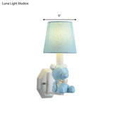 Little Bear Wall Light: Eye-Caring Cartoon Sconce Lamp With Coolie Shade - Resin 1 Head