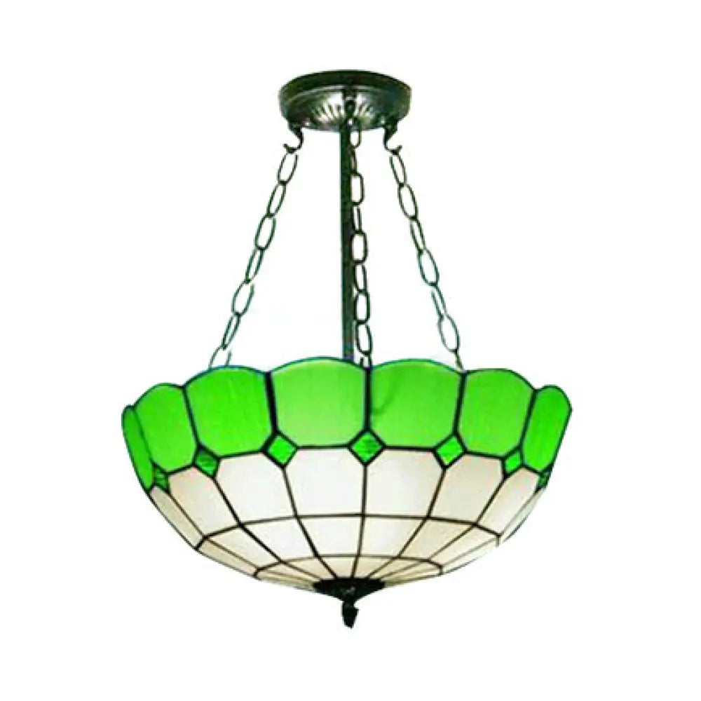 Lodge Bowl Stained Glass Semi Flush Ceiling Light With Chain - Green (2/3 Lights) / 12’