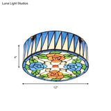 Lodge Ceiling Light: Rose Pattern With Blue Glass Lampshade