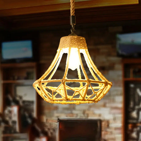 Lodge Diamond Pendant Ceiling Light In Brown - 1 Bulb Hemp Hanging For Cafes