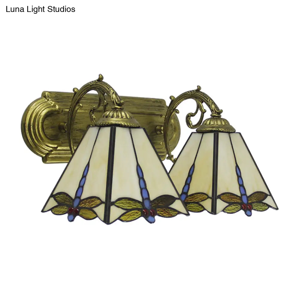 Lodge Dragonfly Stained Glass Wall Sconce Light - 2 Heads Black/Bronze