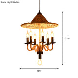 Lodge Jute Rope Ceiling Chandelier With Bamboo-Woven Hat Top - 6/7 Bulbs Brown Hanging Lamp