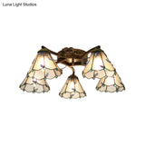 Lodge Semi Flushmount With Stained Glass Cone Shade - 5 Clear/Blue/Beige Lights For Stairway