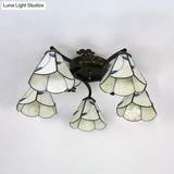 Lodge Semi Flushmount With Stained Glass Cone Shade - 5 Clear/Blue/Beige Lights For Stairway