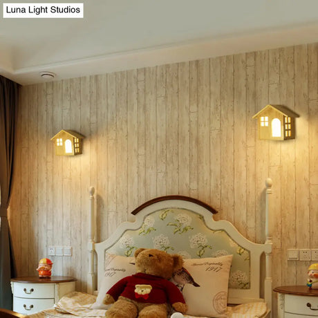 Lodge Shaped Wood Beige Wall Sconce Light For Kids Restaurant & Bedroom