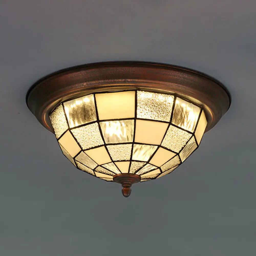 Lodge Stained Glass Bowl Ceiling Light Fixture - 1 Bulb Flushmount In Blue & White
