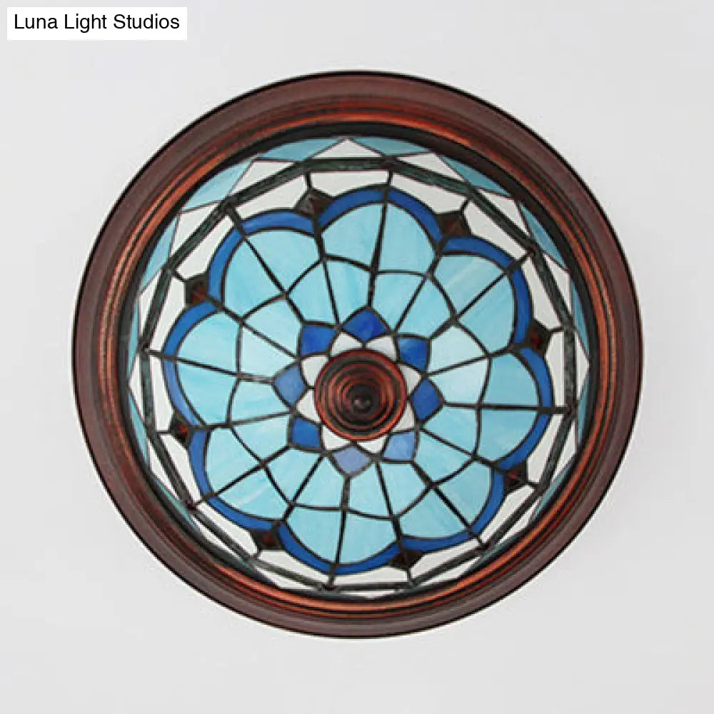 Lodge Stained Glass Bowl Ceiling Light Fixture - 1 Bulb Flushmount In Blue & White