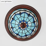 Lodge Stained Glass Bowl Ceiling Light Fixture - 1 Bulb Flushmount In Blue & White