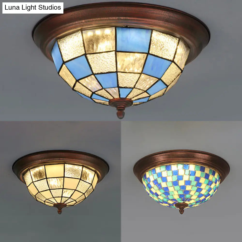 Lodge Stained Glass Bowl Ceiling Light Fixture - 1 Bulb Flushmount In Blue & White